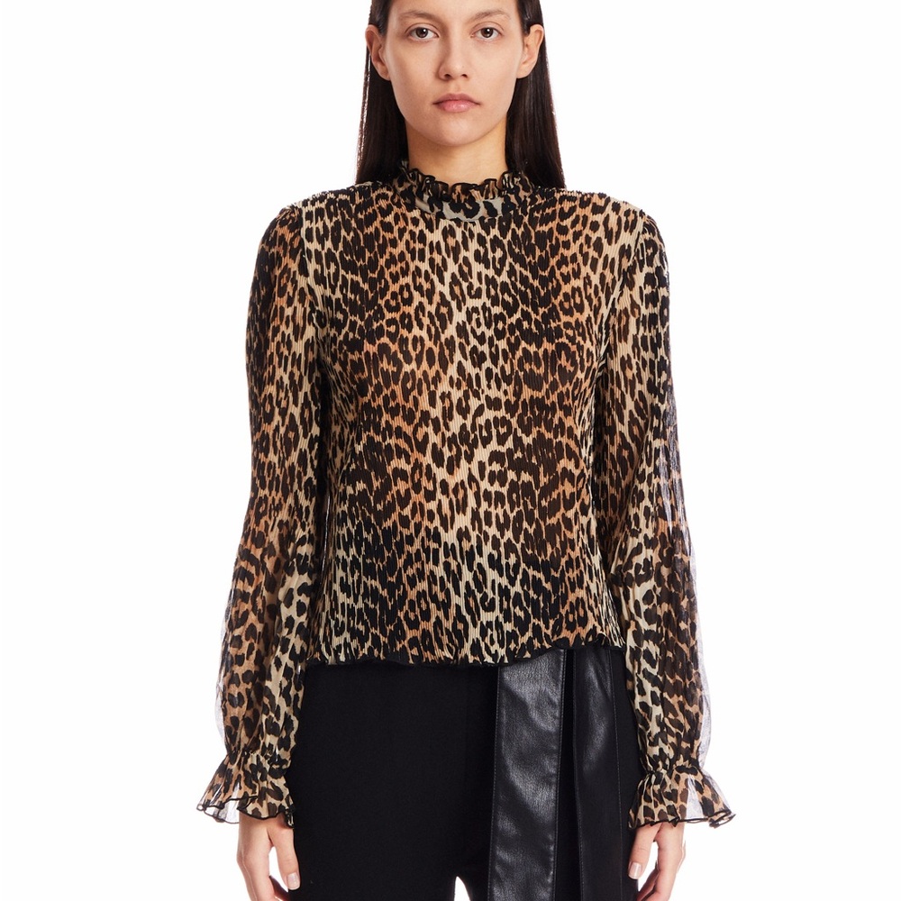 [ganni] leopard animalier micro pleated georgette blouse
